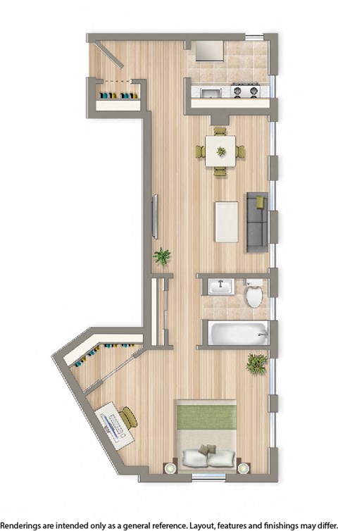 Floor plan for 1 bed, 1 bath, 600 sqft
